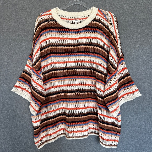 Aerie size XL oversized short sleeve crochet sweater colorful stripe 100% cotton - Picture 1 of 12